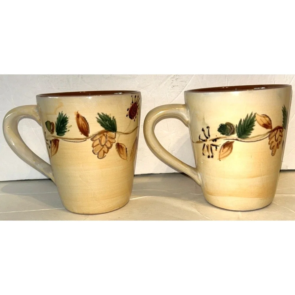 LOT 2 Pottery Barn Tree of Life Autumn Leaves Acorns Coffee Mugs